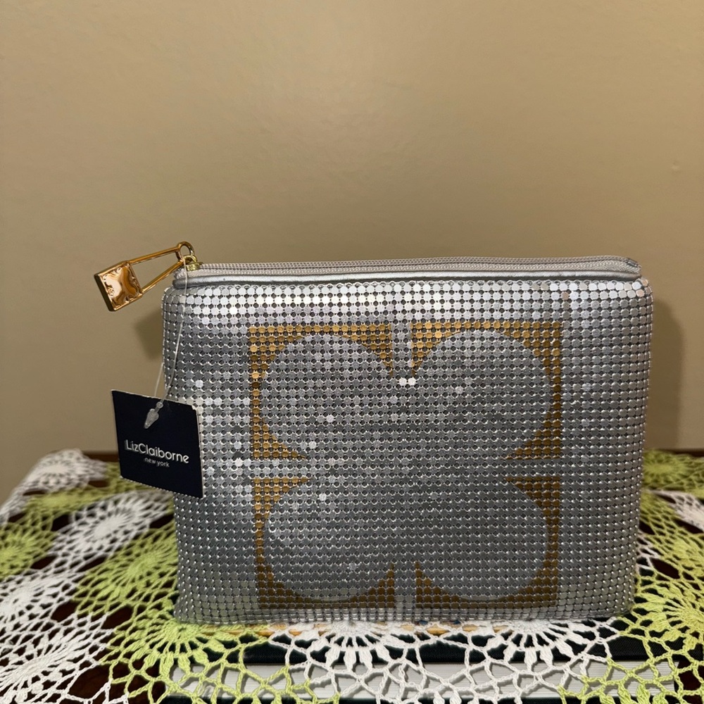 Liz Claiborne Silver Cosmetic Bag with Gold Accents